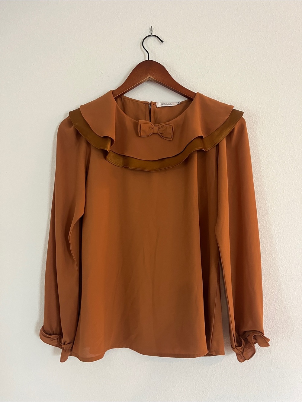 Moschino Vintage Yellow Gold Bow-Trim Long-Sleeve Ruffle Blouse